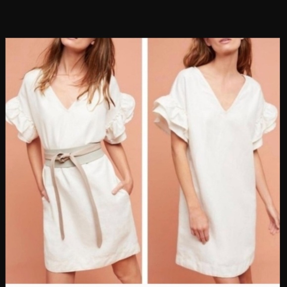 Anthropologie Dresses & Skirts - Maeve White V-Neck Linen Shift Dress Ruffle Slv